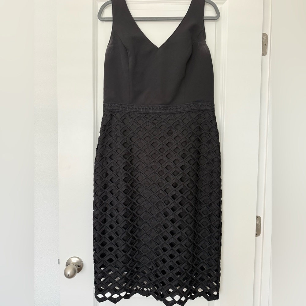 White House Black Market Black Sleeveless V-Neck Dress with Lattice Overlay
